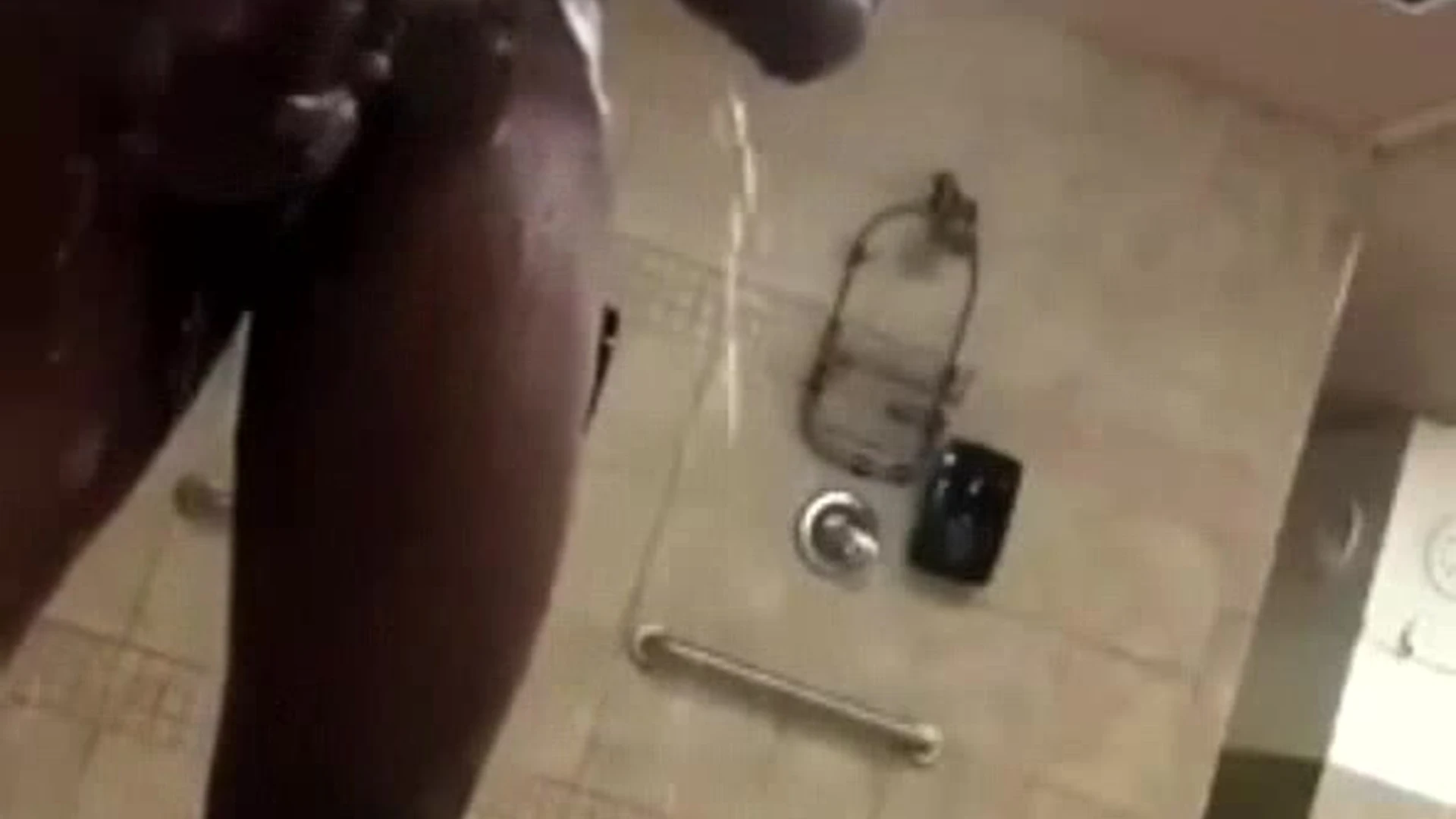 Muscular Black Masturbating his Cock in Gym Shower